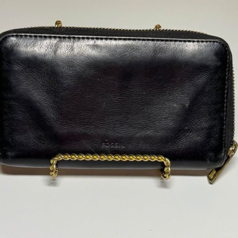 Fossil Black Leather Zip Around Wallet Wristlet Genuine Leather Organizer Clutch